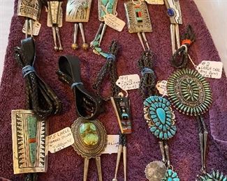 Large selection of Silver and Turquoise Bolos.
