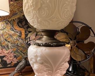 Item 50 Antique Parlor Lamp with Embossed or " puffy" glass has been electrified. It is from the turn of the 20th century. $500