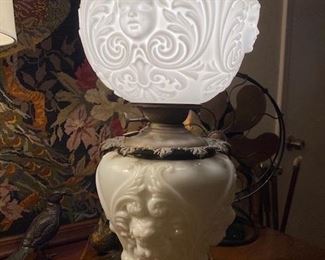 Item 50 Antique Parlor Lamp with Embossed or " puffy" glass has been electrified. It is from the turn of the 20th century. $500