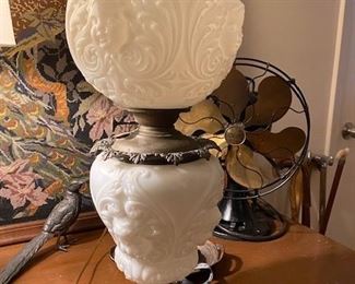 Item 50 Antique Parlor Lamp with Embossed or " puffy" glass has been electrified. It is from the turn of the 20th century. $500