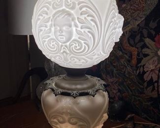 Item 50 Antique Parlor Lamp with Embossed or " puffy" glass has been electrified. It is from the turn of the 20th century. $500