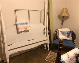 Canopy bed, floor lamp, arm chair, quilts