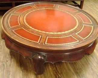 LEATHER TOP--GOLD TRIM-- ROUND MAHOGANY TABLE