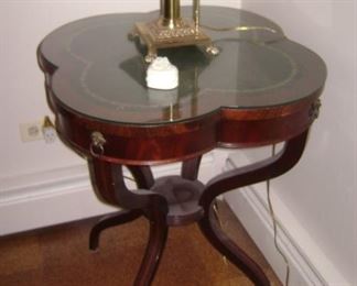 GREEN LEATHER TOP, MAHOGANY  CLOVER TABLE--GOLD TRIM
