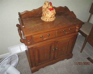 side table and Rooster cookie jar