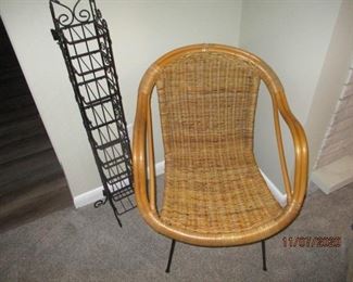 MCM Wicker, Rattan & metal chair. in back metal CD rack