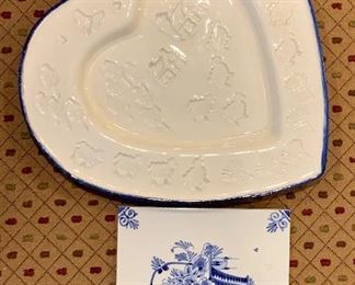 Item 14:  Delft tile with heart shaped dish:                                           Tile - 5.75" x 5.75":  $8.00
