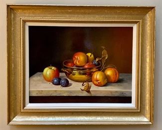 Item 21:  "Still Life with Fruit" oil on panel signed Gombar with COA: $750 - 21"l x 1.5"w x 17.5"h:                                                                                 Andras Gombar is a Hungarian painter who paints in a realistic style using classical techniques.  He combines fruits that he grows in his own garden with various articles from his studio.  The realism and detail makes one feel that the fruit could be lifted off the panel and eaten!