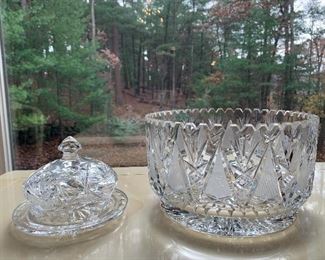 Item 73:  (2) Cut crystal pieces:  $65/Pair                                                                     Covered butter dish - 5"                                                                                    Bowl - 10" x 6":  