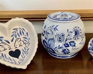 Item 100:  Delft urn, Xmas ornament and heart dish:                       Urn - 7":  $35.00