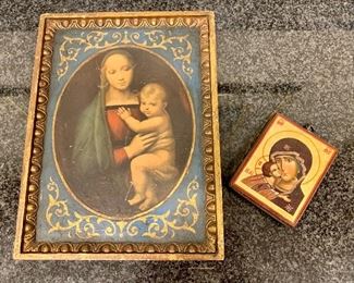 Item 146:  Vintage art print of Madonna and Child (France) and small icon wall art:  $32                                                                                                Mother & child - 9.25" x 12.25"