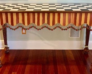 Item 131:  MacKenzie Narrow Console Table that is part of the Rock Collection Line - Hand painted, made from selected hardwoods.  Top is done in Courtly Checks with a colorful stripe and  assorted embellishments - 59.5"l x 20.75"w x 33.25": $2,850.00