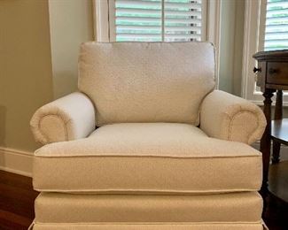 Item 135:  (2) Ivory Kinkade upholstered rolled arm occasional chair - 34"l x 26.5"w x 30":  $465/Each