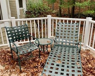 Item 124:  Brown Jordan chaise lounge chair and side table:   Chaise - $150, Chair - $95 and the table is $45                                                                                                                        Chaise - 26"l x 56.5"w x 34"h                                                                        Table - 19" x 18"