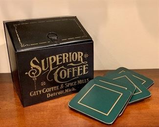 Item 286:  Superior coffee tin and a set of coasters:  $22