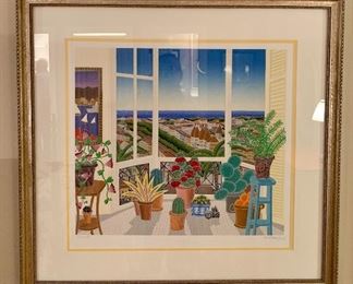 Item 169:  Thomas McKnight Lithograph - Blue Stool and Plants in a Window - 27" x 25.5": $475