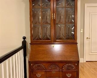 Item 173:  Vintage Cherry Chippendale Block Slant Front Secretary Desk by Jasper Cabinet Co - 34.5"l x 16"w x 81.5"h:  $895