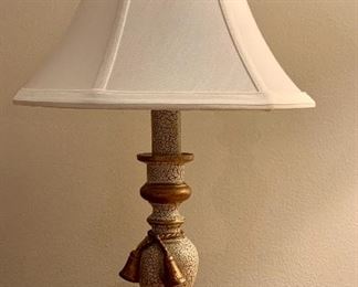 Item 308:  Lamp with gold bow and white shade: $16