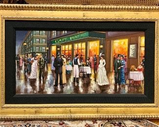 Item 316:  "Cafe Scene" by Cecilia Diaz with COA - 52.5" x 21.5": $225                                                                                                          
C. Diaz was born in Peru and has become one of the most versatile and prolific artists in South America. 
