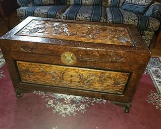 Oriental wood carved trunk chest