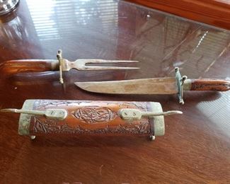 Vintage wood knife and fork carving set