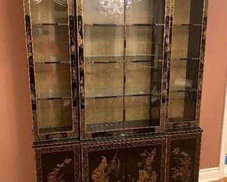PRISTINE BLACK LACQUER VINTAGE DREXEL ET CETERA ASIAN STYLE CHINA CABINET, ILLUMINATED DISPLAY, 80"H X 55"W X 14"D. OUR PRICE $1195.00