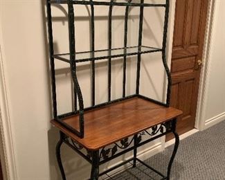 FANTASTIC METAL BAKERS RACK WITH TWO GLASS SHELVES, A WOOD CENTER SHELF AND STORAGE BELOW. 36”W X 20”D X 74”H.  OUR PRICE $295.00