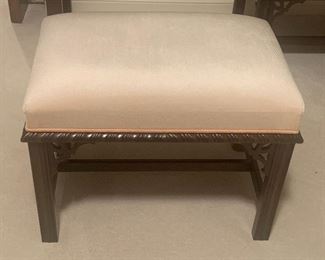 VINTAGE IVORY CHENILLE UPHOLSTERED STOOL WITH MAHOGANY BASE, 24”W  X 16”D x 17.5” H. OUR PRICE $85.00