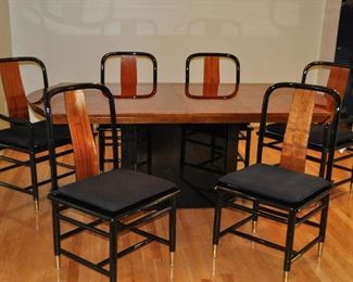 VINTAGE HENREDON ELAN DINING TABLE WITH HIGH GLOSS FINISH AND SIX DINING CHAIRS. SET INCLUDING ONE 21" LEAF.  THE TABLE EXTENDS TO 101" W X 44"D.  THERE ARE TWO ARM CHAIRS AND FOUR SIDE CHAIRS.  OUR PRICE $2995.00.