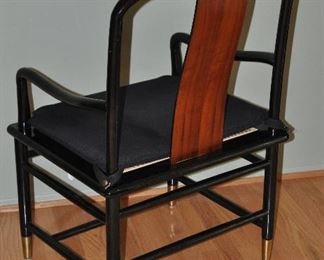 VINTAGE HENREDON ELAN DINING ARM CHAIR IN BLACK LACQUER FEATURING CANE SEATS AND KOA WOOD BACK SPLATS. 