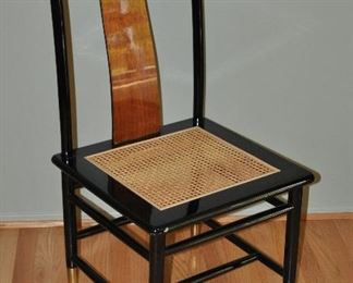 VINTAGE HENREDON ELAN DINING SIDE CHAIR IN BLACK LACQUER FEATURING CANE SEATS AND KOA WOOD BACK SPLATS. 