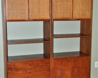 MID CENTURY MODERN TWO PIECE WALNUT WITH CANE DOORS WALL UNIT BY JACK CARTWRIGHT FOR FOUNDERS FURNITURE C.1960, EACH UNIT IS 77.5" H x 30.5" W x 16"D. OUR PRICE FOR THE SET $1895.00