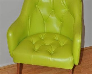 MID CENTURY MODERN LIME GREEN TUFTED FAUX LEATHER ARM CHAIR BY JANSKO, 23"W X 30"H X 24"D. MADE IN USA. OUR PRICE $495.00