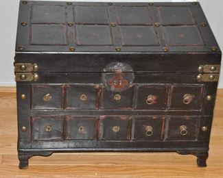 VINTAGE ASIAN STYLE PAINTED BLACK TRUNK/CHEST WITH BRASS LATCH AND HARDWARE (SOME MISSING), 24"W X 17"H X 14.5"D. OUR PRICE $125.00
