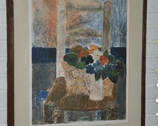 STILL LIFE, FLOWERS ON A CHAIR, SIGNED AND NUMBERED 55/80 LITHOGRAPH BY GUY BARDONE. MATTED AND FRAMED IN A LIGHT WOOD FRAME, 27" X 35" OUR PRICE $395.00