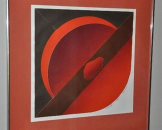 ABSTRACT ART BY DETROIT MID CENTURY ARTIST  FAIRCHILD, "ORANGE VAPOR" 1973, 28.25"X 28.25" OUR PRICE $175.00
