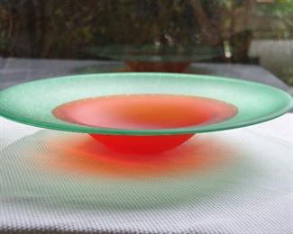 REDUCED PRICE!!  STUNNING LARGE 22.25” ROUND GLASS CENTERPIECE BOWL/WALL ART GREEN, ORANGE AND RED WITH WHITE POLKA DOTS, UNSIGNED. OUR PRICE $350.00  