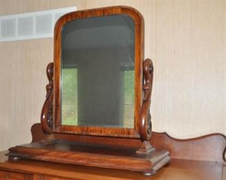 PRICE REDUCED!!  FABULOUS LARGE ANTIQUE MAHOGANY PLATFORM VICTORIAN VANITY MIRROR WITH TWO CARVED SCROLLING SWAN SUPPORTS, 30.25"W X 32.5"H X 15.5"D. OUR PRICE $495.00  