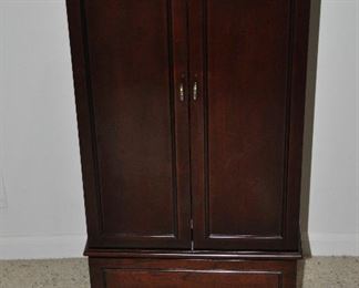 PRICE REDUCED!!  TERRIFIC LARGE BOMBAY COMPANY CHERRY JEWELRY FREESTANDING  ARMOIRE WITH TWO CABINET DOORS, IN EXCELLENT CONDITION, 17"W X 38"H X 15"D. OUR PRICE $95.00  