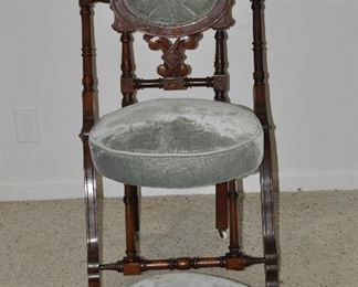 PRICE REDUCED!!  EASTLAKE VICTORIAN 1800'S HEAVILY CARVED MAHOGANY AQUAMARINE VELVET TUFTED CHAIR ON CASTERS, 21"W X 36.5"H X 18"D AND STOOL, 20"W X 12"D X 7"H (PICTURE TO FOLLOW). OUR PRICE $300.00 SET  