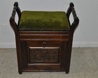 PRICE REDUCED!!  FANTASTIC C. 1900 ANTIQUE MAHOGANY PIANO STORAGE BENCH UPHOLSTERED IN THE ORIGINAL GREEN VELVET FABRIC, 22"W X 24"H X 13.5"D. OUR PRICE $300.00  