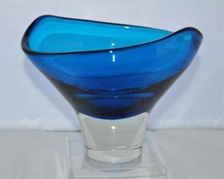 GORGEOUS MID CENTURY MODERN VIBRANT TEAL BLUE AND CLEAR GLASS, 6.5"H X 8.5"W X 5.75"W. OUR PRICE $225.00