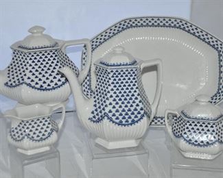 PRICE REDUCED!  VINTAGE WM. ADAMS ENGLISH BRENTWOOD IRONSTONE C. 1950'S, BLUE SHAMROCK 8 PIECE SET INCLUDES AN 11" PLATTER, TEA POT, COFFEE POT, CREAMER AND LIDDED SUGAR BOWL. OUR PRICE $125.00