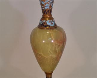 PRICE REDUCED!!  RARE ANTIQUE FRENCH CHAMPLEUC AND ONYX GILT BRONZE, MARBLE AND CLOISONNE BUD VASE! 6.75"H, BASE IS 2.25"SQUARE, OUR PRICE $185.00 

