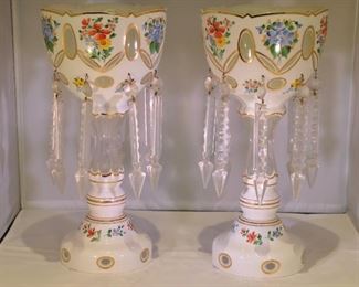 PRICE REDUCED!!  RARE LARGE ANTIQUE HAND PAINTED LUSTRES IN PRISTINE CONDITION, 7.5" W X 15.5"H. OUR PRICE $275.00   
