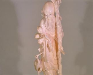 PRICE REDUCED!!  ANTIQUE IVORY COLORED FINELY CARVED OLD WISE MAN WITH ASIAN BIRD FIGURINE ON STAND, CARVING IS 7.5"H, OVERALL IS 8.5"H. OUR PRICE IS $395.00
