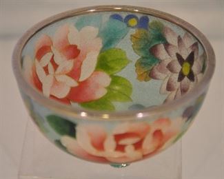 PRICE REDUCED!!  SPECTACULAR ANTIQUE JAPANESE PLIQUE-A-JOUR CLOISONNE BOWL FROM NAGOYA, FLOWER MOTIF WITH 3 FOOTED BASE AND SILVER RIM IN PRISTINE COLLECTION! 3.75"DIA. X 2"H. OUR PRICE $395.00 
