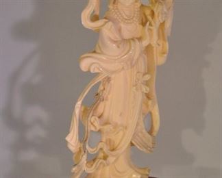 PRICE REDUCED!!  SPECTACULAR ANTIQUE ORNATE IVORY COLORED ASIAN WOMAN WITH FLOWERS FIGURINE ON WOODEN STAND, 8.25"ON STAND AND 7"H FIGURINE ONLY. OUR PRICE $650.00