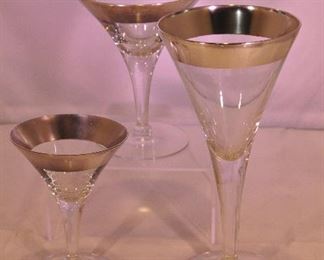 PRICE REDUCED!!  FABULOUS MID CENTURY DOROTHY THORPE SILVER WIDE RIM BAR GLASSES INCLUDES ELEVEN 4.5" CORDIAL GLASSES ($80.00), TWELVE 5" WINE GLASSES ($120.00) (SOLD) AND ELEVEN 7.75" WATER GLASSES ($175.00)