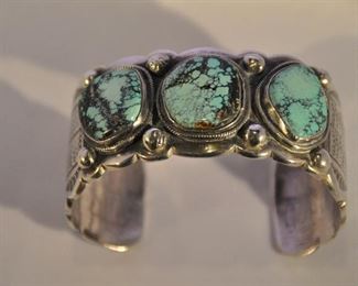 SOUTHWEST INDIAN SILVER AND TURQUOISE CUFF BRACELET, 1.5"W, 100.0 GRAMS WEIGHT. OUR PRICE $250.00